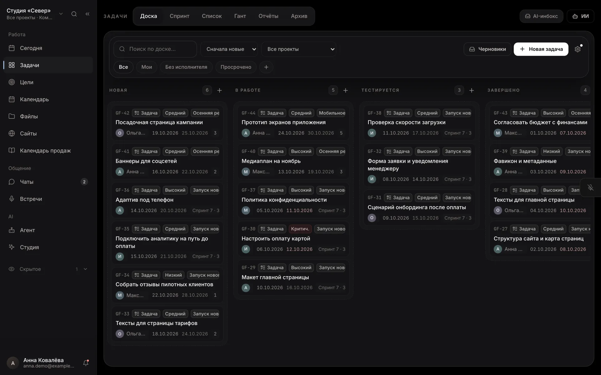 Доска задач GhostFlow: колонки «Новая», «В работе», «Тестируется», «Завершено»